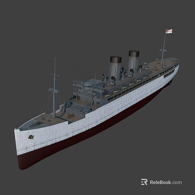 Ocean Liner With Two Funnels And White Dark Red Hull 3d model