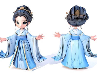 Ancient Style Doll With Blue Robe Flowing Sleeves And Ornate Hair Accessories 3d model