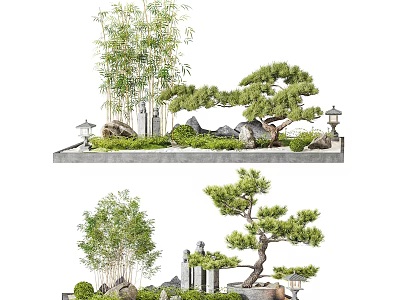 Japanese Karesansui Dry Landscape With Pine Trees Bamboo And Stone Lanterns 3d model