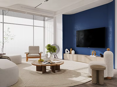Modern Living Room Interior With Blue Wall Large Screen TV And Beige Sofa 3d model