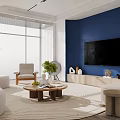 Modern Living Room Interior With Blue Wall Large Screen TV And Beige Sofa