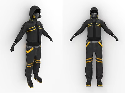Stylish Black And Yellow Hooded Protective Suit With Stripes Face Mask Gloves And Boots 3d model