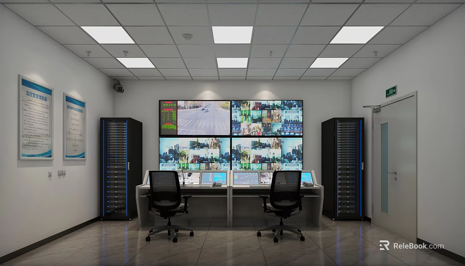 Surveillance Room With Multiple Monitoring Screens Control Desk And Server Racks 3d model 