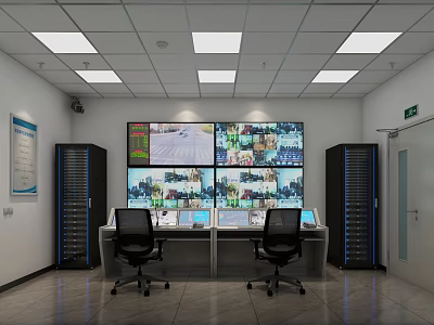 Surveillance Room With Multiple Monitoring Screens Control Desk And Server Racks 3d model