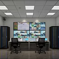 Surveillance Room With Multiple Monitoring Screens Control Desk And Server Racks