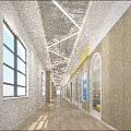 Modern Office Hallway With Natural Light Wooden Walls And Geometric Ceiling Lines