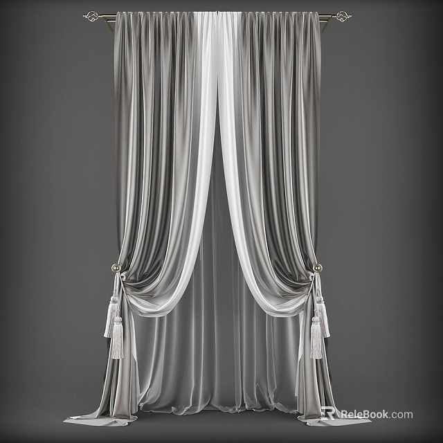 Elegant Soft Bed Canopy With Gray White Flowing Fabric And Tassel Tiebacks 3d model 