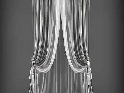 Elegant Soft Bed Canopy With Gray White Flowing Fabric And Tassel Tiebacks 3d model