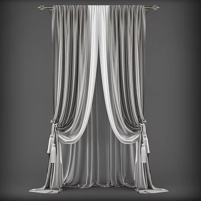 Elegant Soft Bed Canopy With Gray White Flowing Fabric And Tassel Tiebacks 3d model