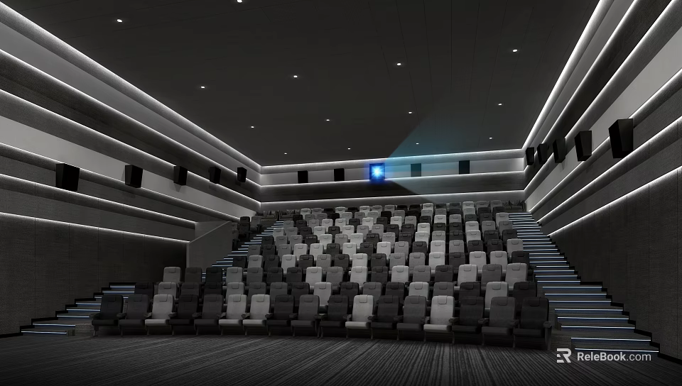 Modern Cinema Interior With Tiered Seats Ambient Lighting And Projector Screen 3d model 