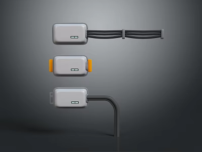 Three Contemporary Electrical Control Devices With Gray Bodies Orange Accents And Connection Cables 3d model