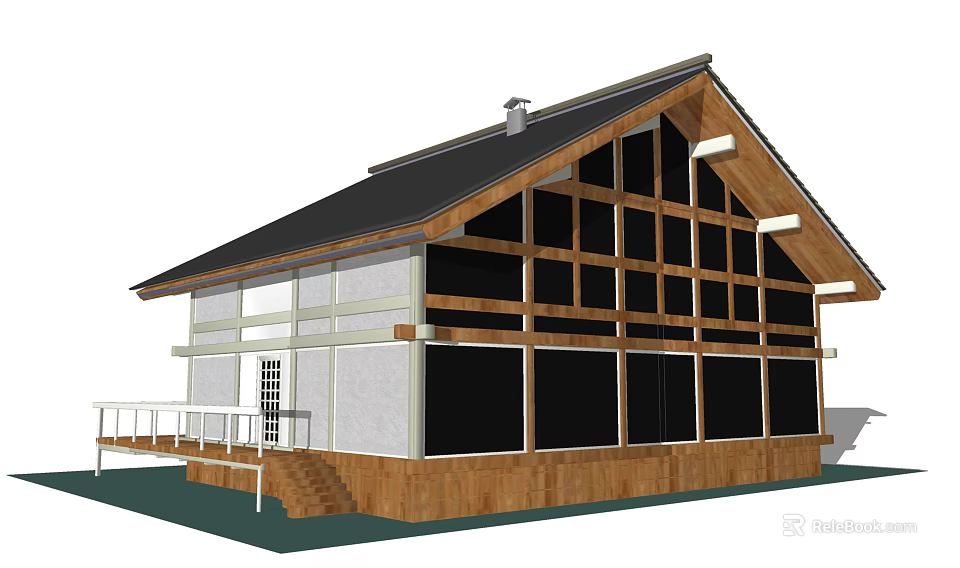Modern Single Family House With Gabled Roof Large Glass Windows And Wooden Structure 3d model 