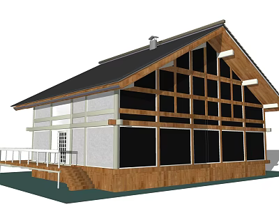 Modern Single Family House With Gabled Roof Large Glass Windows And Wooden Structure 3d model