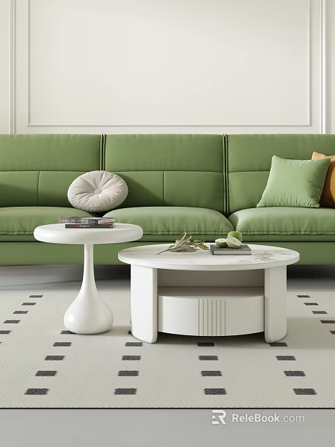 Modern Living Room With Green Sofa And White Round Coffee Tables On Geometric Rug 3d model 