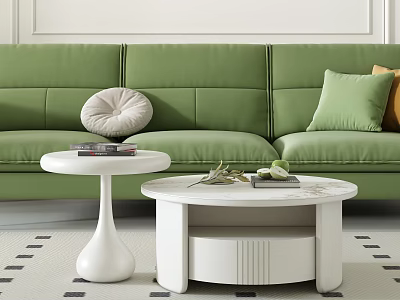Modern Living Room With Green Sofa And White Round Coffee Tables On Geometric Rug 3d model