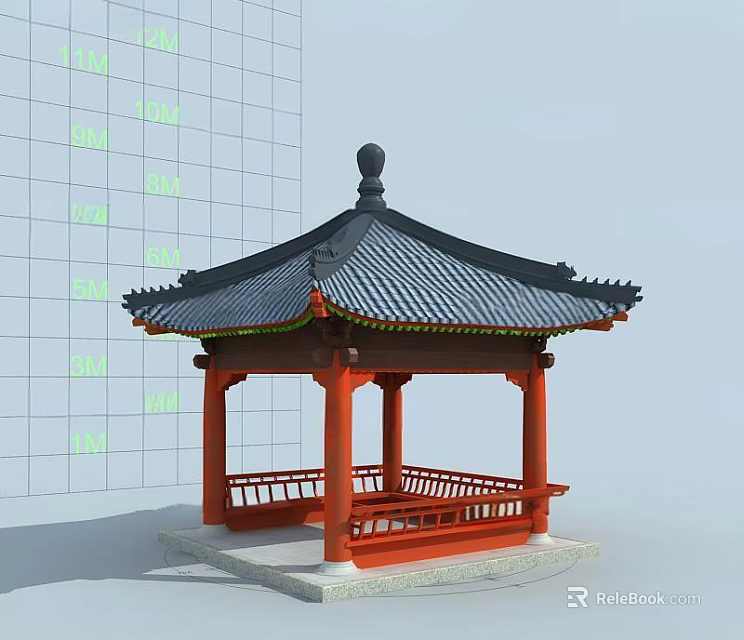 Traditional Pavilion with red pillars black tiled roof and overhanging eaves on stone pedestal 3d model 