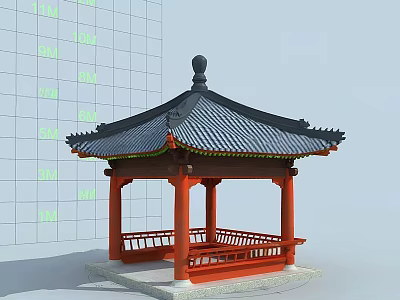 Traditional Pavilion with red pillars black tiled roof and overhanging eaves on stone pedestal 3d model