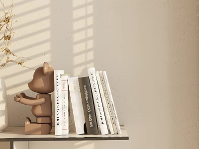 Stylish Decorative Ornament Set With Bear Figurine Books And Dried Flowers On Shelf 3d model