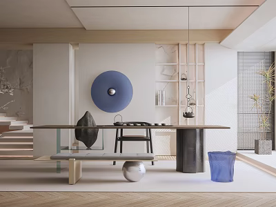Modern Tea Room Interior Design With Long Table Chairs Blue Decor Wooden Shelves And Plant 3d model
