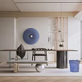 Modern Tea Room Interior Design With Long Table Chairs Blue Decor Wooden Shelves And Plant