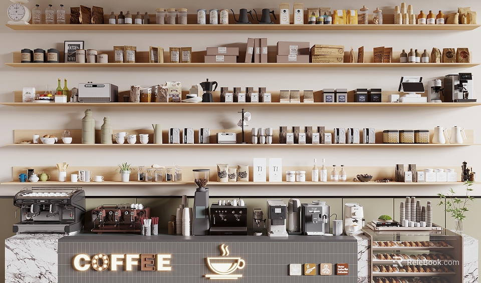 Commercial Coffee Shop Equipment With Shelves And Coffee Supplies 3d model 
