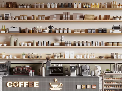 Commercial Coffee Shop Equipment With Shelves And Coffee Supplies 3d model