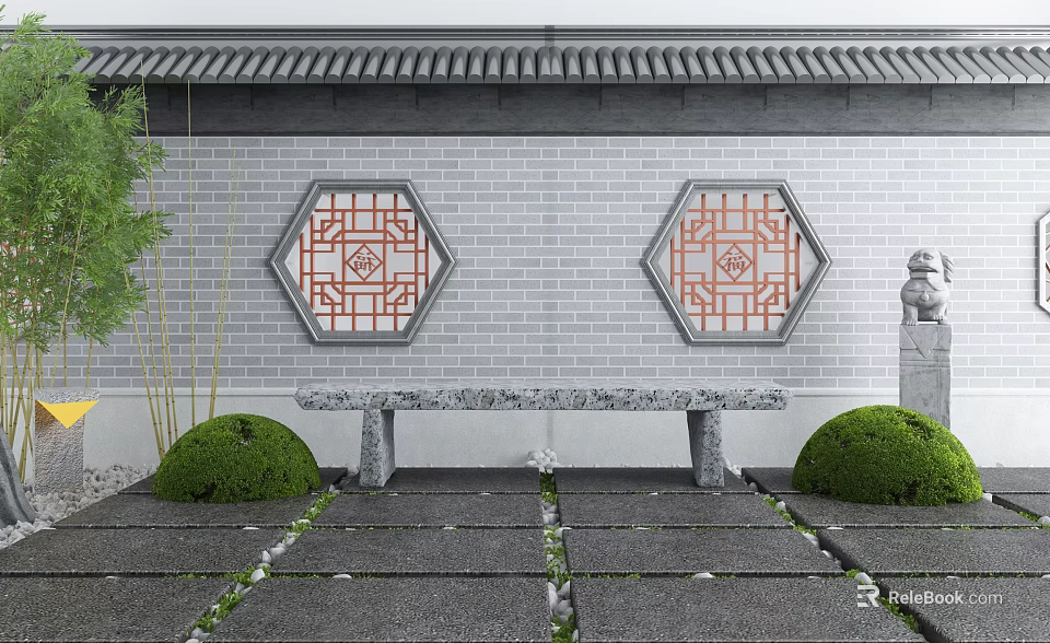 Traditional Scenic Wall With Gray Bricks Hexagonal Windows Red Patterns Stone Bench Green Shrubs Bamboo 3d model 