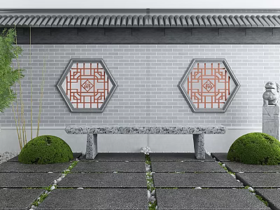 Traditional Scenic Wall With Gray Bricks Hexagonal Windows Red Patterns Stone Bench Green Shrubs Bamboo 3d model