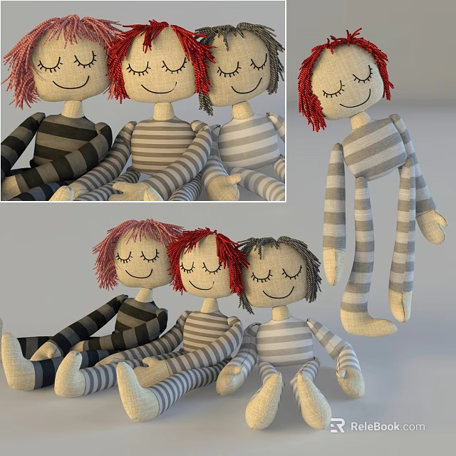 Three Cute Plush Dolls with Red Hair in Striped Outfits Sitting Together 3d model 