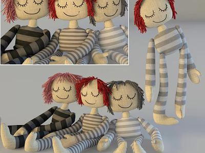 Three Cute Plush Dolls with Red Hair in Striped Outfits Sitting Together 3d model