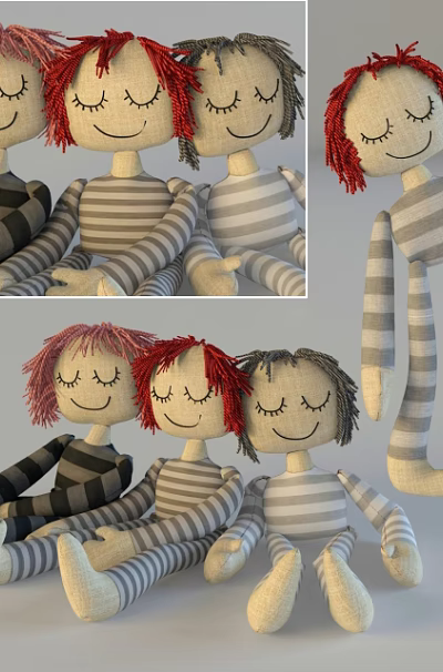 Three Cute Plush Dolls with Red Hair in Striped Outfits Sitting Together 3d model