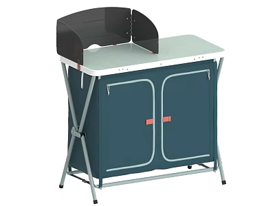Foldable Outdoor Table White Tabletop Navy Blue Cabinet Doors Red Handles Black Windshield Metal Frame 3d model