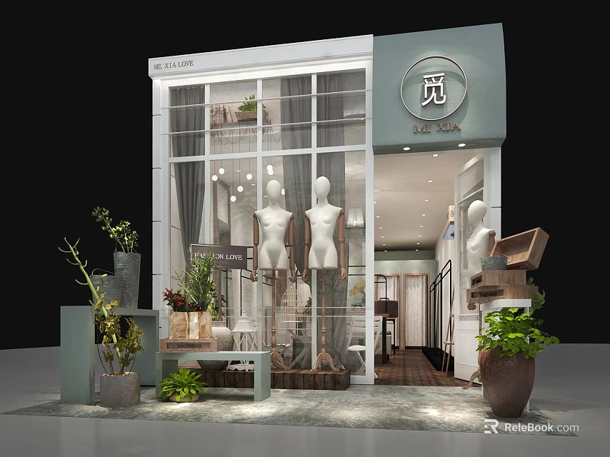 Modern Clothing Store With Elegant Window Display Mannequins Green Plants And Decorative Entrance 3d model 
