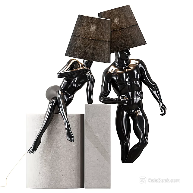 Figurine Shaped Black Floor Lamp With White Stone Pedestal And Dark Fabric Shade 3d model 