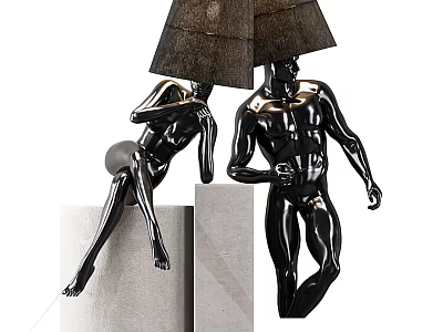 Figurine Shaped Black Floor Lamp With White Stone Pedestal And Dark Fabric Shade 3d model