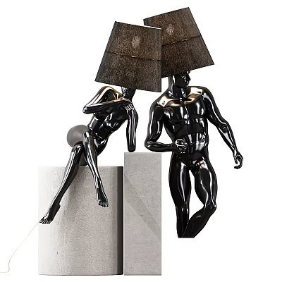 Figurine Shaped Black Floor Lamp With White Stone Pedestal And Dark Fabric Shade 3d model