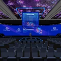Modern Conference Stage Design With Blue Lighting Large Screens And Arranged Seats Setup
