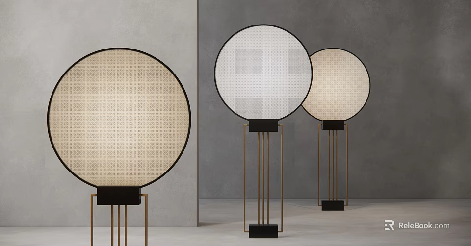 Modern Floor Lamps with Round Grid Design Shades and Metal Black Bases Minimalist Style 3d model 