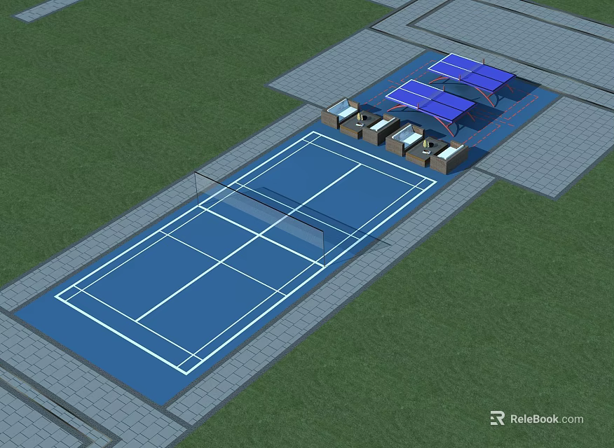 Outdoor Tennis Court With Green Lawn And Shaded Rest Area For Sports Fitness 3d model 