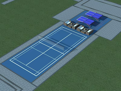 Outdoor Tennis Court With Green Lawn And Shaded Rest Area For Sports Fitness 3d model