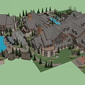 Spacious Hotel Building With Gray Roof Surrounding Trees Swimming Pool And Stone Walls