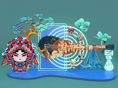 Guochao Themed Artwork With Peking Opera Figure Pipa Auspicious Clouds And Pine Tree 3d model