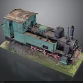 Vintage Teal Rusted Steam Train Model With Green Grass Base And Detailed Exterior