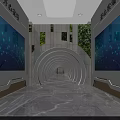 Modern Corridor Interior With Circular Tunnel Blue Digital Screens Green Plant Decorations And Marble Floor