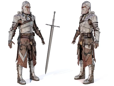 Game and Movie Character Wearing Medieval Armor With Sword Front and Side View 3d model