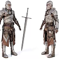 Game and Movie Character Wearing Medieval Armor With Sword Front and Side View