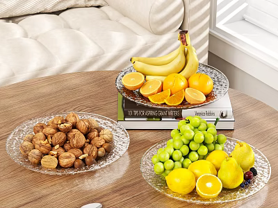 Glass Fruit Plates With Nuts Fresh Fruits And Digital Scale On Table 3d model