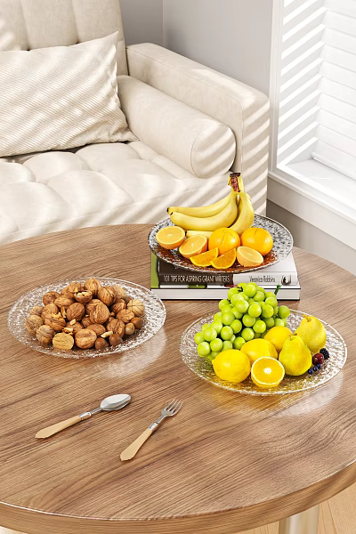 Glass Fruit Plates With Nuts Fresh Fruits And Digital Scale On Table 3d model