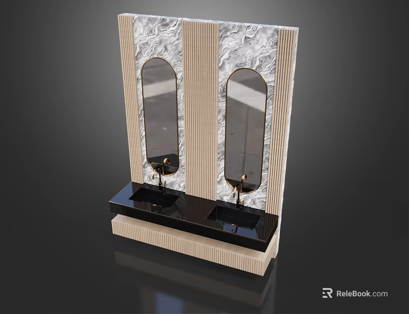 Modern Double Mirror Washbasin With Beige Textured Wall And Black Countertop 3d model 