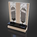 Modern Double Mirror Washbasin With Beige Textured Wall And Black Countertop